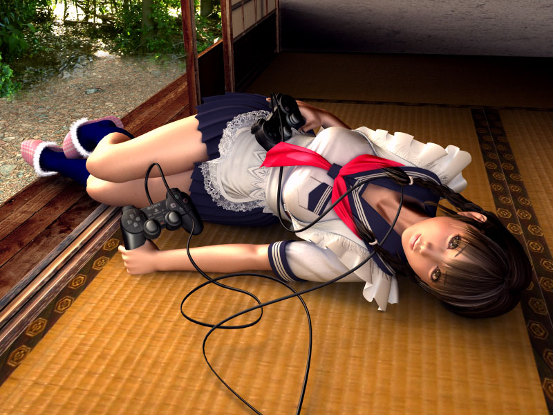incise soul, m-rs, cocoa (character), 1girl, 3d, braid, brown eyes, brown hair, female focus, floor, game console, legs, lips, lying, maid, playing games, playstation 2, pleated skirt, school uniform, serafuku, skirt, socks, solo, twin braids, video game
