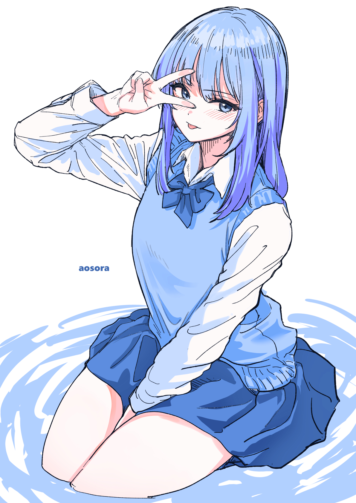 aosora2823, original, commentary request, highres, 1girl, :p, arm between legs, artist name, blue bow, blue bowtie, blue hair, blue skirt, blue sweater vest, blue theme, bow, bowtie, dress shirt, fingernails, long sleeves, looking at viewer, medium hair, open collar, school uniform, shirt, sitting, skirt, solo, straight hair, sweater vest, thighs, tongue, tongue out, v, v over eye, white shirt