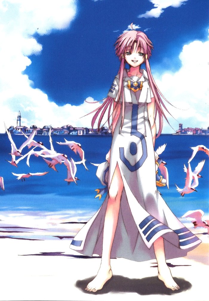 amano kozue, mizunashi akari, aria (manga), scan, 00s, 1girl, barefoot, bird, blouse, feet, female focus, shirt, short hair with long locks, solo, toes, white shirt