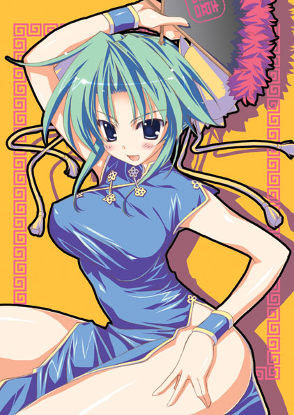 hand on thigh, 1girl, blue eyes, breasts, china dress, chinese clothes, dress, feather fan, female focus, folding fan, green hair, hand fan, hand on own thigh, large breasts, shadow, solo