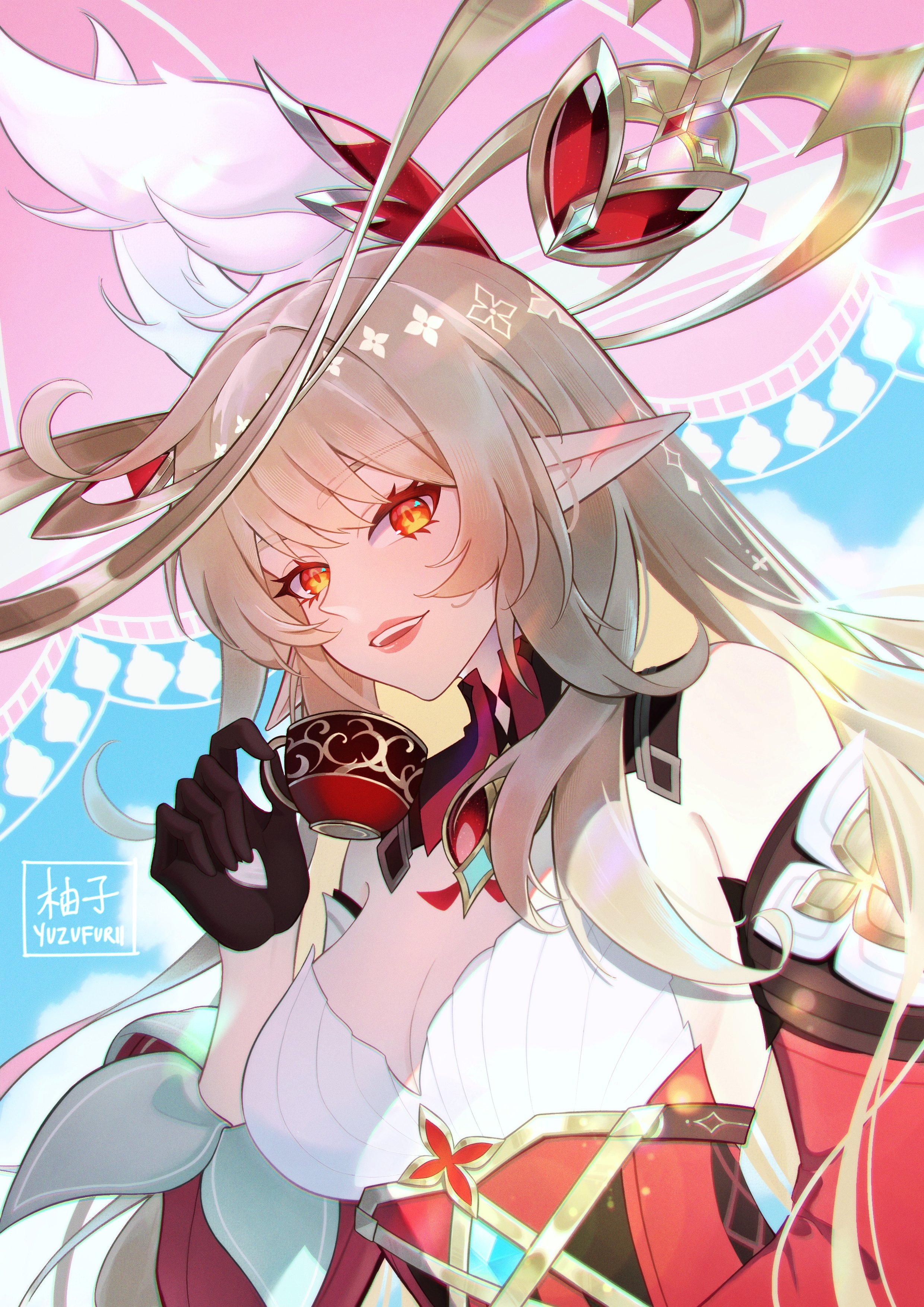 yuzufurii, alice (genshin impact), genshin impact, absurdres, highres, 1girl, artist name, bare shoulders, black gloves, blonde hair, breasts, cleavage, collar, cup, detached collar, detached sleeves, dress, gloves, headgear, holding, holding cup, large breasts, long hair, looking at viewer, orange eyes, parted lips, pointy ears, red collar, red sleeves, solo, teacup, upper body