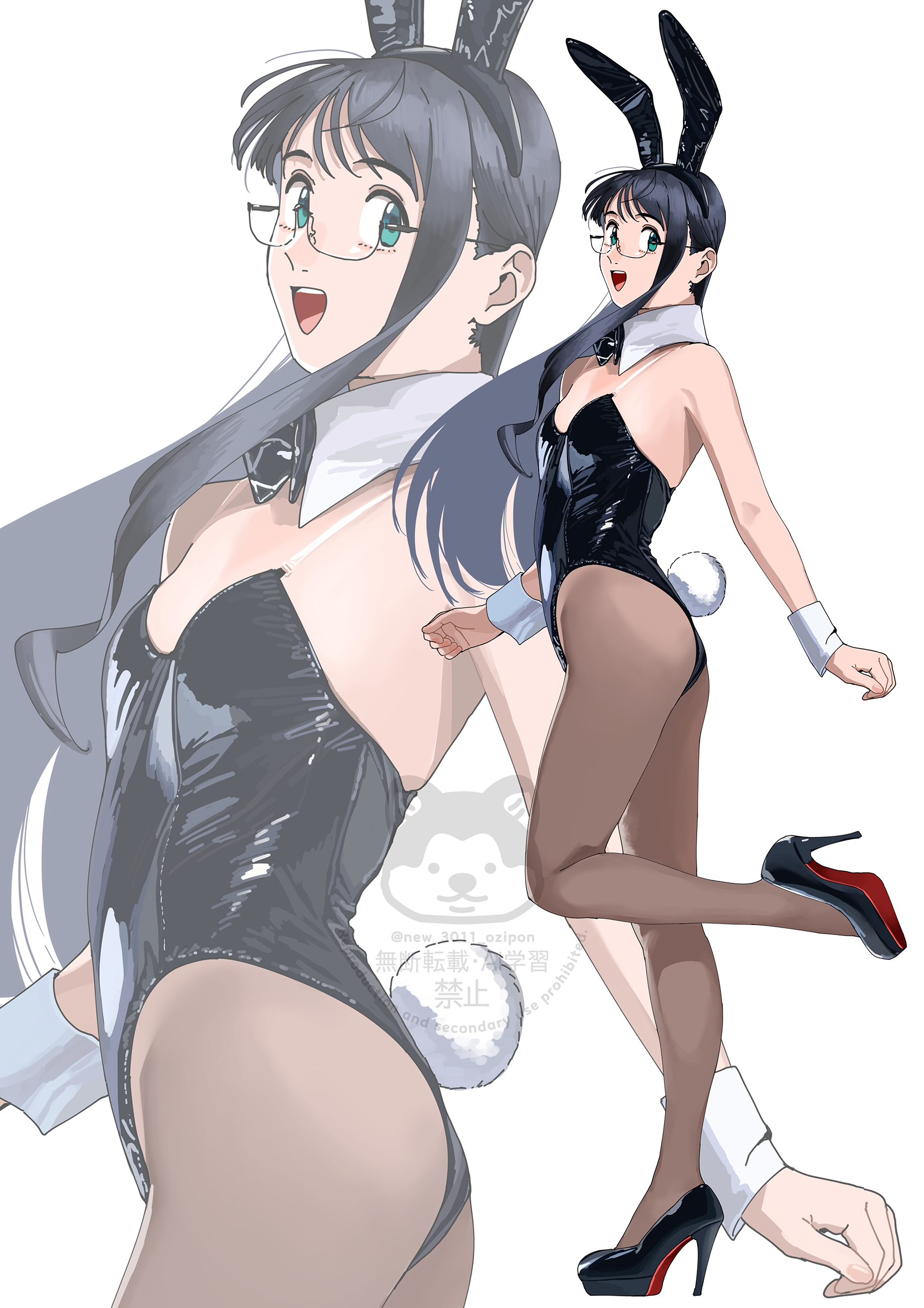 ojipon, ooyodo (kancolle), kantai collection, absurdres, highres, 1girl, animal ear hairband, animal ears, ass, black bow, black bowtie, black hair, black leotard, black pantyhose, bow, bowtie, cowboy shot, detached collar, fake animal ears, full body, glasses, green eyes, hairband, leotard, long hair, pantyhose, playboy bunny, rabbit ears, rabbit tail, see-through strap, smile, solo, standing, standing on one leg, strapless, strapless leotard, tail, wrist cuffs, zoom layer