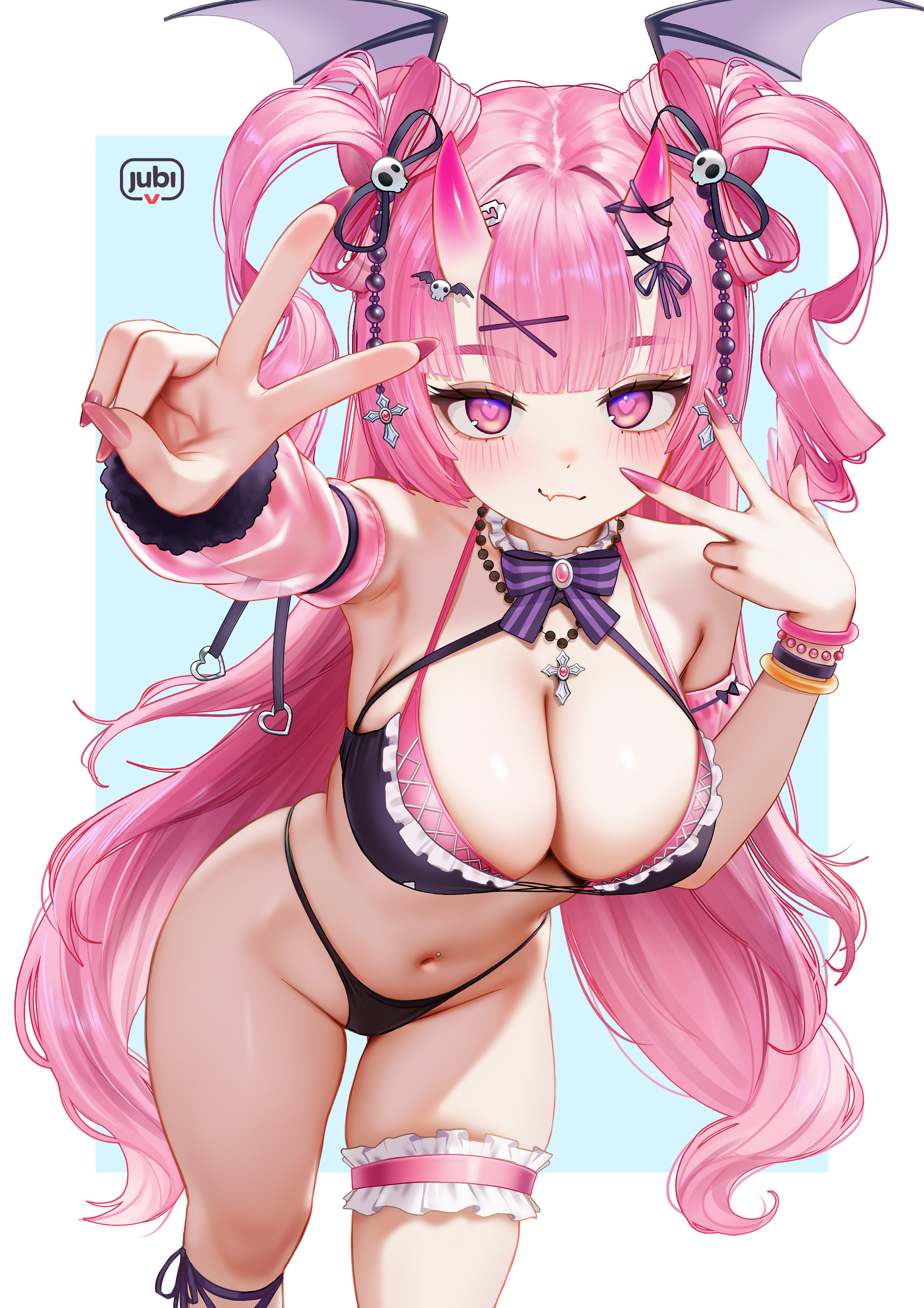 regiana (jubi), indie virtual youtuber, absurdres, commentary, highres, second-party source, 1girl, artist name, bikini, bikini tan, black bikini, border, bow-shaped hair, closed mouth, detached sleeves, fang, fingernails, frilled thigh strap, gradient horns, hair intakes, hair ornament, heart, heart-shaped pupils, horns, leaning forward, looking at viewer, multicolored horns, nail polish, navel, oni, outside border, pink hair, pink nails, pink sleeves, rei onihime, see-through clothes, see-through sleeves, single detached sleeve, skin-covered horns, skin fang, skull hair ornament, smile, solo, stomach, swimsuit, symbol-shaped pupils, tan, tanline, thigh strap, two side up, v, w, white border, x hair ornament