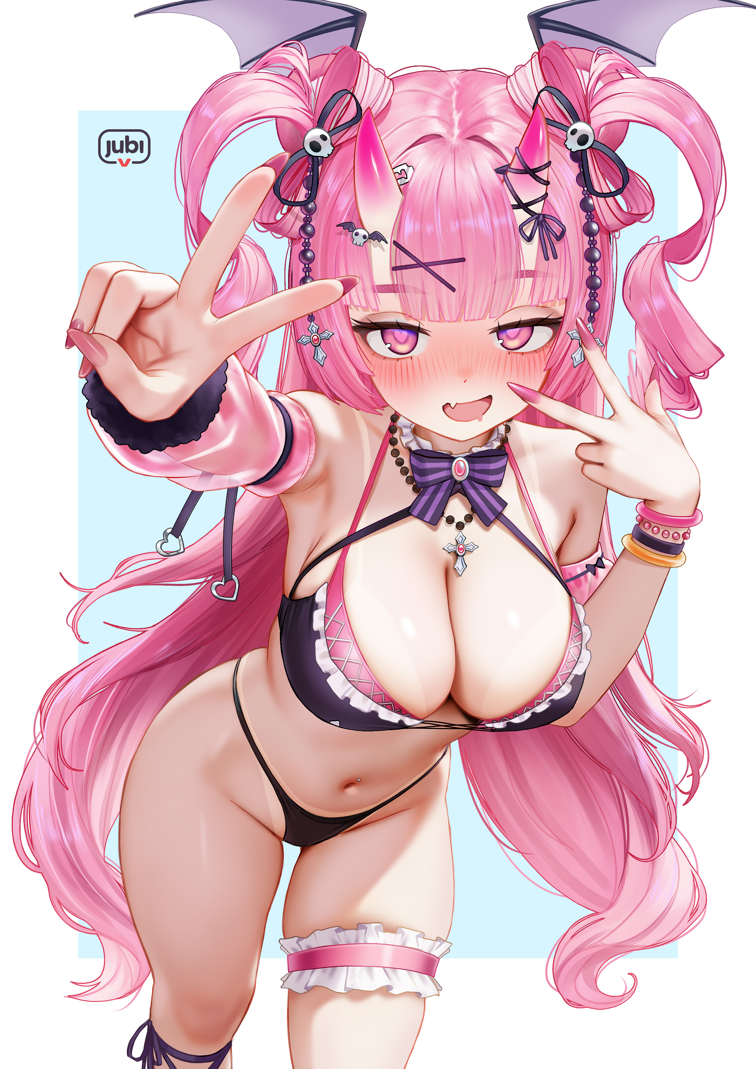 regiana (jubi), indie virtual youtuber, absurdres, commentary, highres, second-party source, 1girl, artist name, bikini, bikini tan, black bikini, blush, border, bow-shaped hair, detached sleeves, drooling, fang, fingernails, frilled thigh strap, gradient horns, hair intakes, hair ornament, heart, heart-shaped pupils, horns, leaning forward, looking at viewer, mouth drool, multicolored horns, nail polish, naughty face, navel, nose blush, oni, open mouth, outside border, pink hair, pink nails, pink sleeves, rei onihime, see-through clothes, see-through sleeves, single detached sleeve, skin-covered horns, skin fang, skull hair ornament, solo, stomach, swimsuit, symbol-shaped pupils, tan, tanline, thigh strap, two side up, v, w, white border, x hair ornament