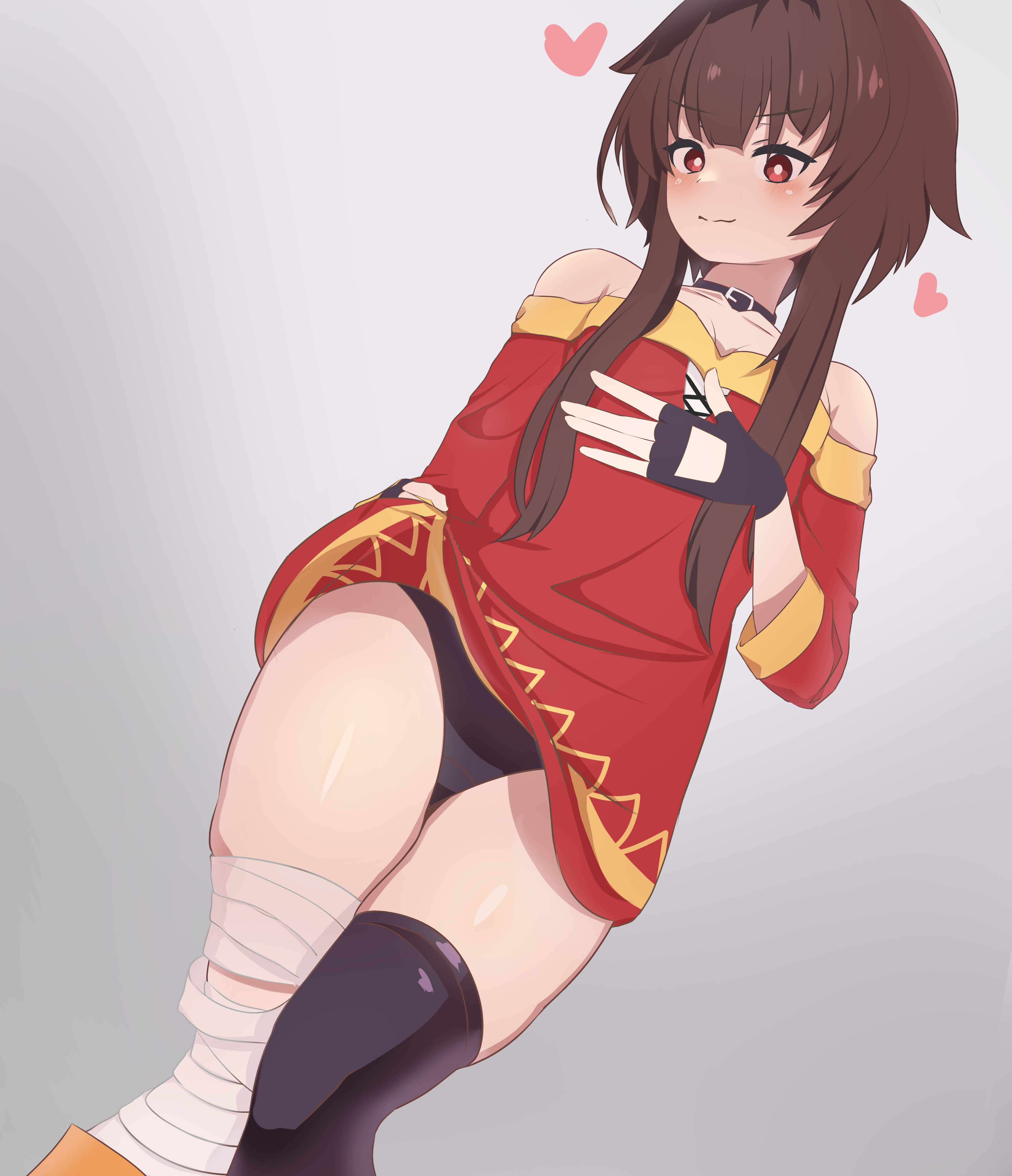 hatenamaru, megumin, kono subarashii sekai ni shukufuku wo!, absurdres, highres, 1girl, asymmetrical legwear, bandaged leg, bandages, black choker, black thighhighs, brown hair, choker, clothes lift, dress, dress lift, dutch angle, fingerless gloves, from below, gloves, gradient background, hand on own chest, heart, looking at viewer, mismatched legwear, off-shoulder dress, off shoulder, panties, red dress, red eyes, short hair with long locks, simple background, single thighhigh, solo, thighhighs, underwear