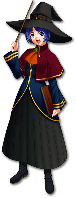 amelia (quiz magic academy), quiz magic academy, 1girl, :d, ascot, blue eyes, blue hair, bob cut, book, brooch, capelet, dress, female focus, glasses, hat, jewelry, matching hair/eyes, open mouth, short hair, simple background, smile, solo, standing, wand, witch, witch hat