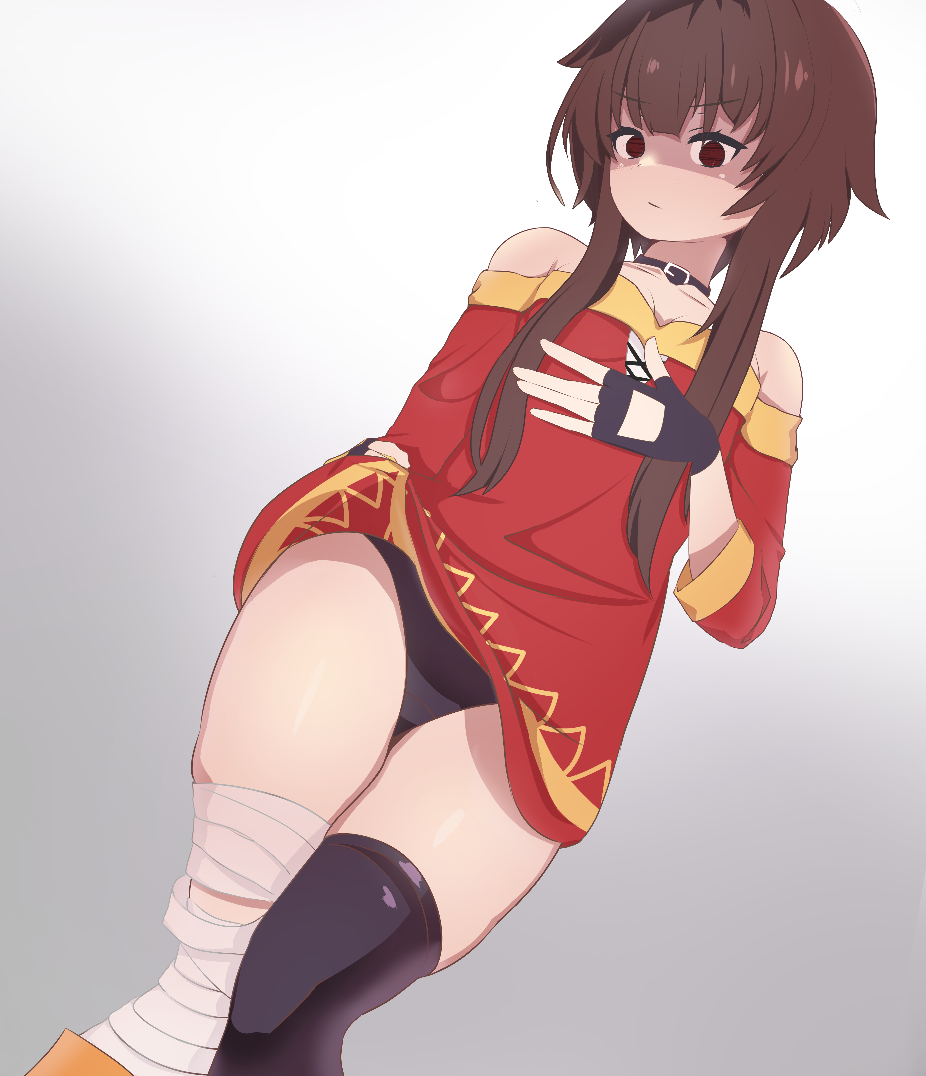 hatenamaru, megumin, kono subarashii sekai ni shukufuku wo!, absurdres, highres, 1girl, asymmetrical legwear, bandaged leg, bandages, black choker, black thighhighs, brown hair, choker, clothes lift, disgust, dress, dress lift, dutch angle, empty eyes, fingerless gloves, from below, gloves, gradient background, hand on own chest, looking at viewer, mismatched legwear, off-shoulder dress, off shoulder, panties, red dress, red eyes, shaded face, short hair with long locks, simple background, single thighhigh, solo, thighhighs, underwear