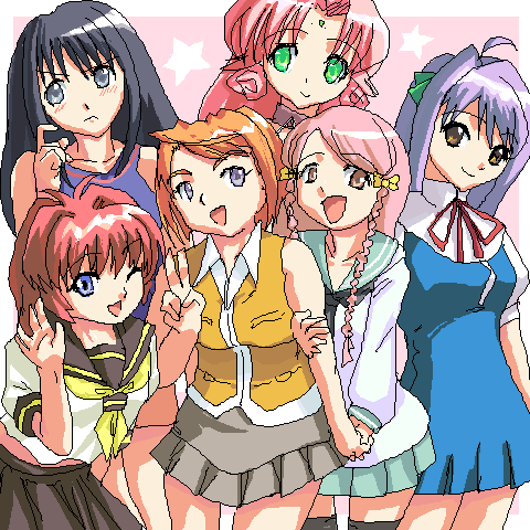 konnyaku yuuna, may wong, miu, miu (dears), miyafuji miina, nakahara mai, tokiha mai, yoshikawa maika, dears, kage kara mamoru!, kaleido star, magikano, my-hime, onegai twins, lowres, 00s, 6+girls, crossover, multiple girls, oekaki, orange shirt, pleated skirt, school uniform, serafuku, shirt, skirt, thighhighs, voice actor, voice actor connection