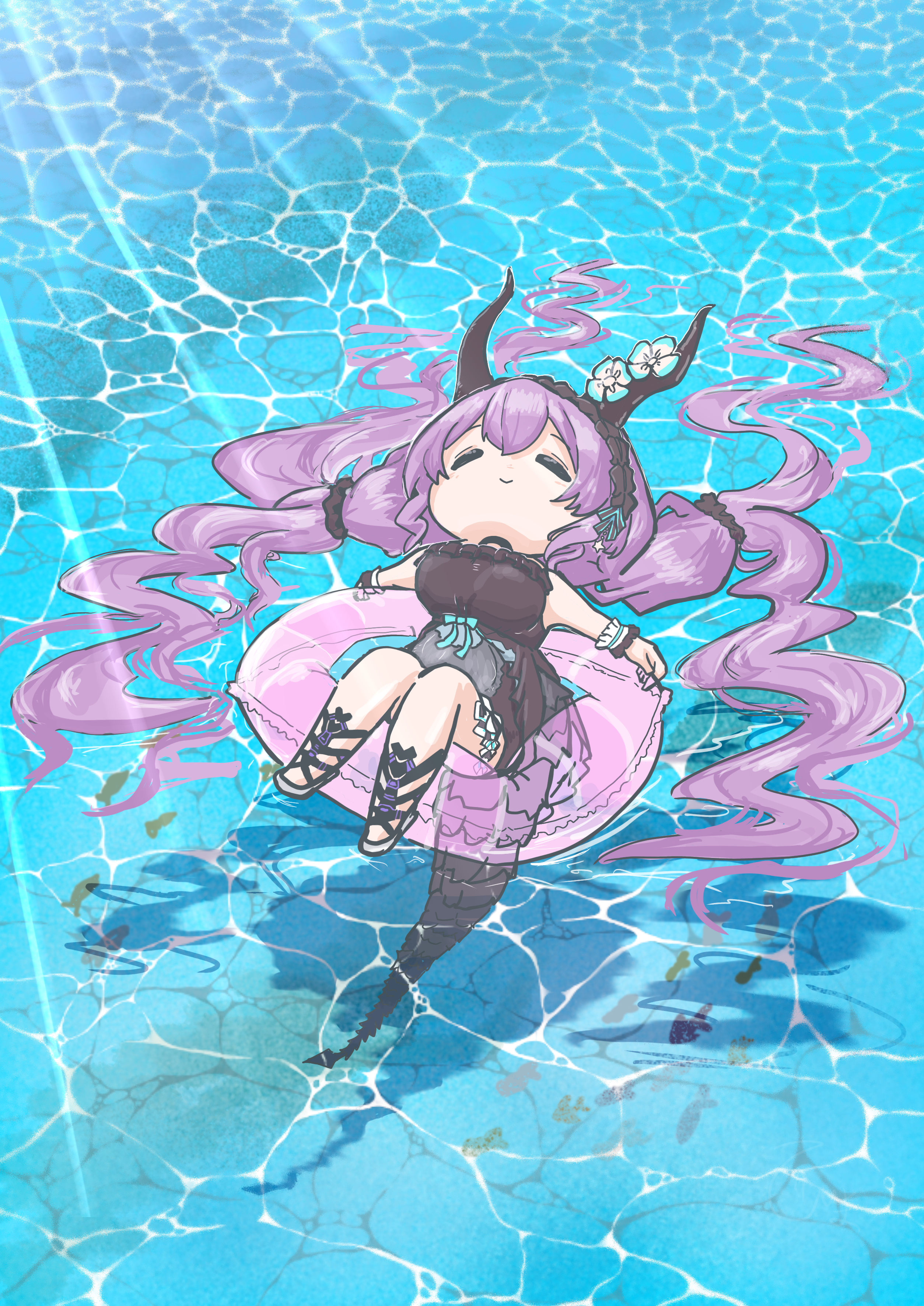 himajin (fd jin), typhon (arknights), typhon (temperature difference) (arknights), arknights, absurdres, commentary, highres, 1girl, black one-piece swimsuit, black sandals, chibi, closed eyes, floating, flower, frilled hairband, frilled one-piece swimsuit, frilled wristband, frills, full body, hairband, horn flower, horns, innertube, long hair, lying, official alternate costume, on back, one-piece swimsuit, purple hair, sandals, solo, sunlight, swim ring, swimsuit, tail, twintails, very long hair