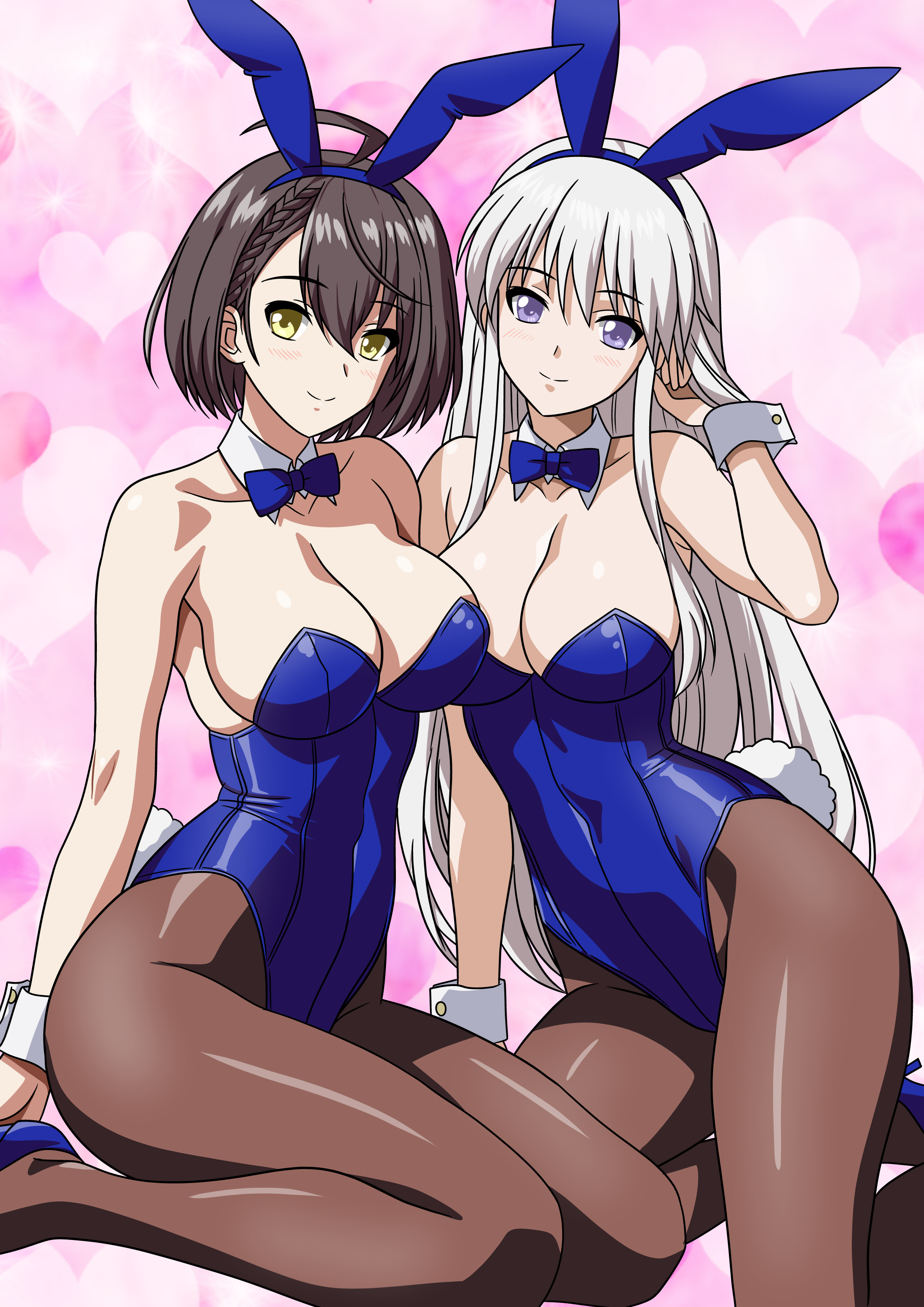 yuuyuu (3jjbn), baltimore (azur lane), enterprise (azur lane), azur lane, absurdres, highres, 2girls, ahoge, animal ear hairband, animal ears, black hair, blue bow, blue bowtie, blue eyes, blue leotard, bow, bowtie, breasts, brown eyes, brown pantyhose, bunny day, cleavage, detached collar, fake animal ears, hairband, heart, heart background, kneeling, large breasts, leotard, multiple girls, pantyhose, pink background, playboy bunny, rabbit ears, rabbit tail, sitting, smile, strapless, strapless leotard, tail, wariza, white hair, wrist cuffs