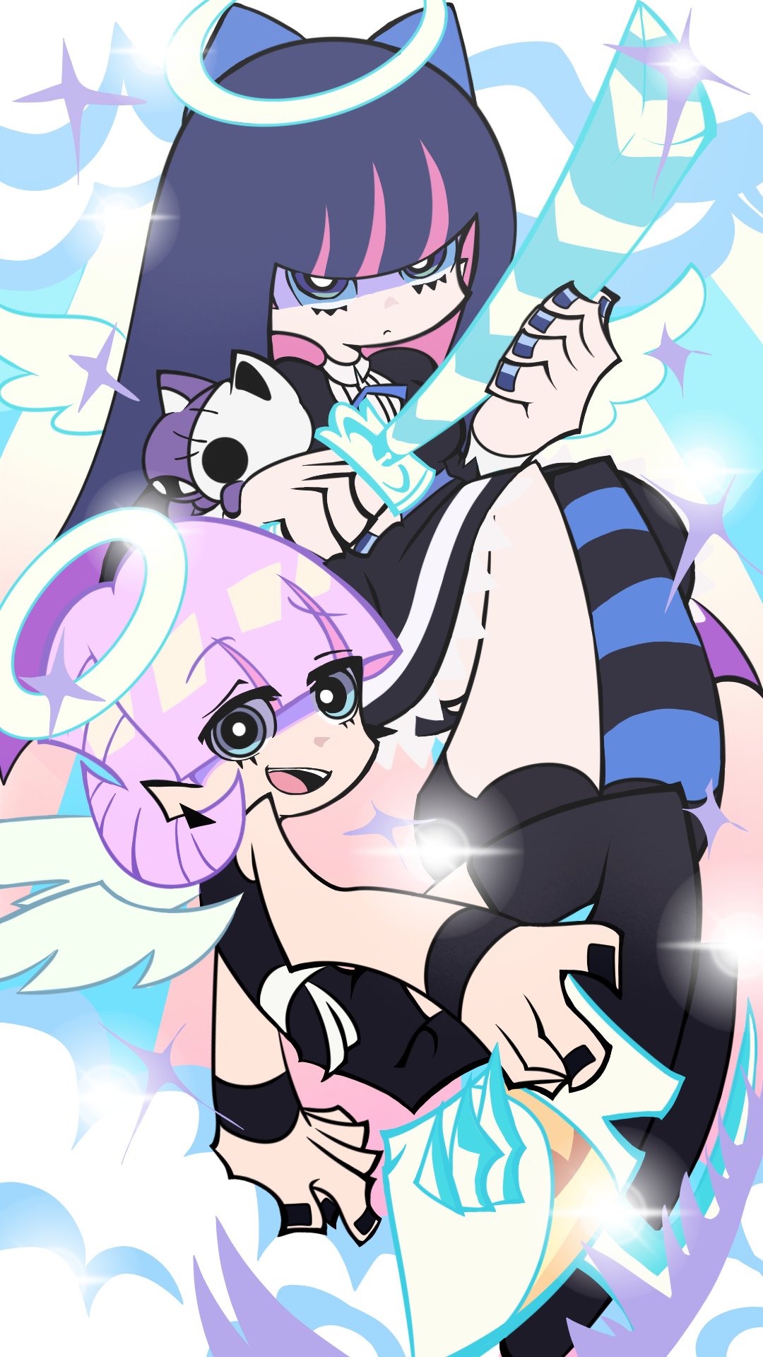honekoneko (psg), polyurethane (psg), stocking (psg), panty & stocking with garterbelt, highres, 1girl, asymmetrical clothes, black jumpsuit, blunt bangs, boots, bow, ceo80718, colored inner hair, dress, earrings, girly boy, gothic lolita, hair bow, halo, jewelry, jumpsuit, lolita fashion, long hair, looking at viewer, multicolored hair, pink hair, single pantsleg, single thigh boot, sleeveless jumpsuit, striped clothes, striped thighhighs, thigh boots, thighhighs, traditional halo, triangle earrings, two-tone hair, waist ribbon