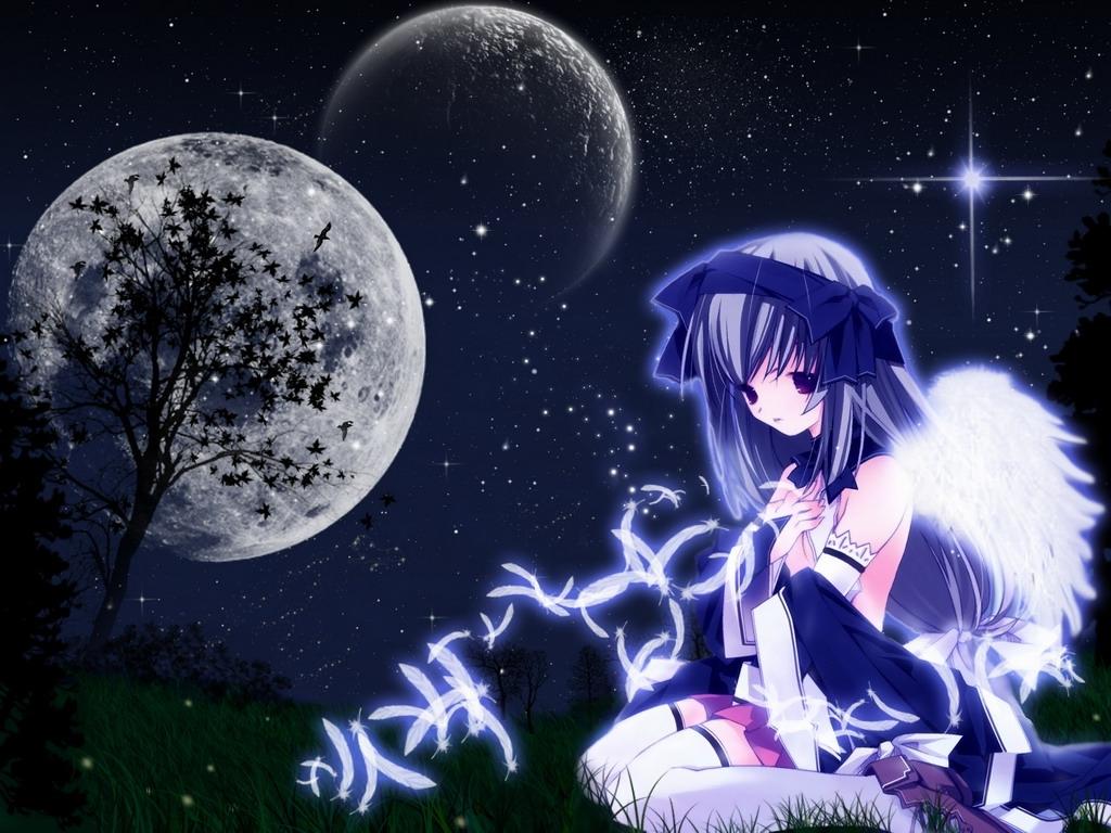 1girl, angel, angel wings, feathers, female focus, moon, night, night sky, sky, solo, star (sky), thighhighs, tree, wings