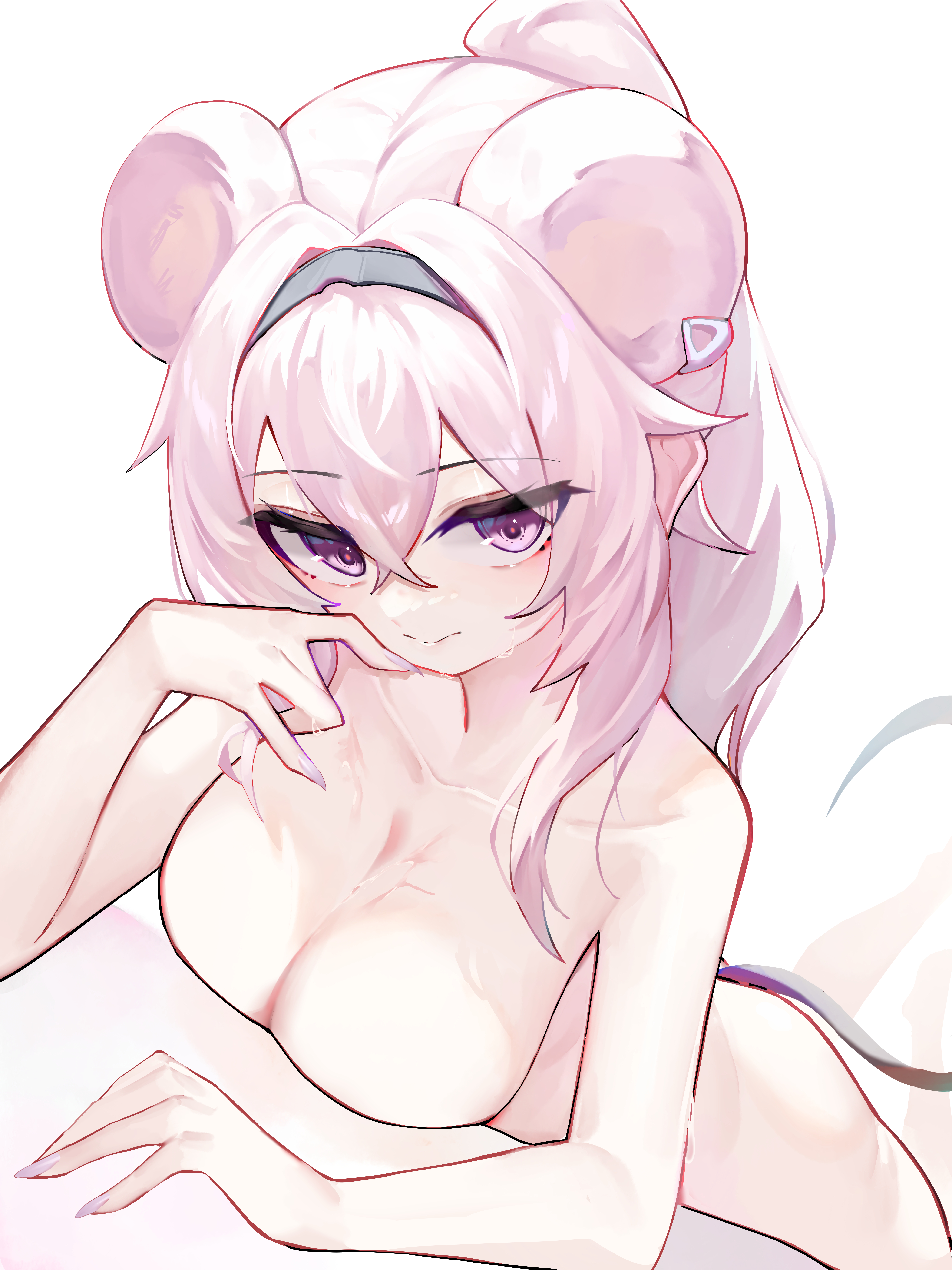 aoria, lin (arknights), arknights, absurdres, commentary request, highres, 1girl, animal ears, black hairband, breasts, cleavage, closed mouth, collarbone, completely nude, feet up, hair between eyes, hair over shoulder, hairband, large breasts, looking at viewer, lying, mouse ears, mouse girl, mouse tail, nail polish, nude, on stomach, purple eyes, purple nails, simple background, tail, the pose, water, water drop, white background
