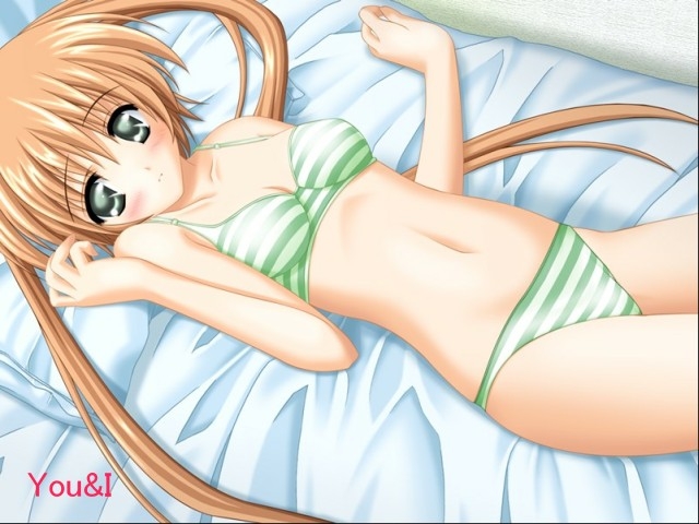 arai chiharu, angel egg, game cg, 1girl, bed, blush, bra, female focus, green bra, green eyes, green panties, lingerie, long hair, lying, navel, on back, orange hair, panties, solo, striped bra, striped clothes, striped panties, twintails, underwear, underwear only