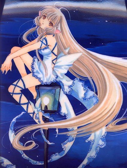 clamp, chii, chobits, official art, 00s, 1girl, absurdly long hair, barefoot, brown eyes, dress, female focus, frills, full body, lamp, legs, long hair, night, own hands clasped, own hands together, profile, sitting, sleeveless, solo, very long hair