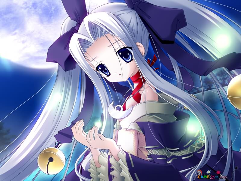 abeno chako, kuro no miko hime mayu, lifox (company), mitama no yuki, game cg, jpeg artifacts, 1girl, bell, blue eyes, female focus, jewelry, long hair, moon, necklace, night, ribbon, solo, twintails, watermark
