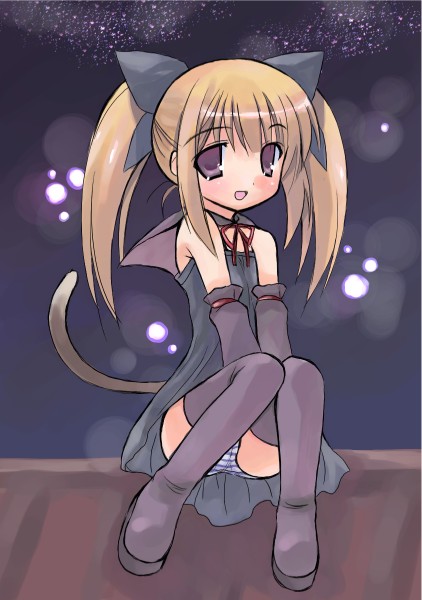 original, animal ears, black dress, black thighhighs, blue panties, blush, boots, brown hair, cape, cat ears, cat tail, detached sleeves, dress, hair ribbon, long hair, panties, pantyshot, purple eyes, ribbon, sitting, solo, striped clothes, striped panties, tail, thigh boots, thighhighs, twintails, underwear, upskirt