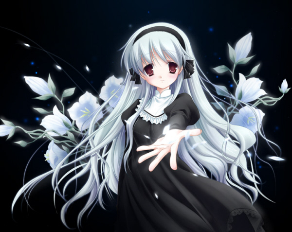 katase nano, game cg, 1girl, black dress, black theme, brown eyes, dress, female focus, flower, hairband, long hair, outstretched hand, solo, very long hair, white hair