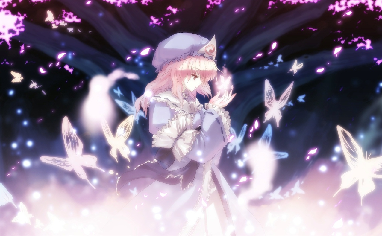 tokiame, saigyouji yuyuko, perfect cherry blossom, touhou, 1girl, anime coloring, blue dress, bug, butterfly, capelet, cherry blossoms, dress, energy, female focus, frilled dress, frills, glowing, hat, hitodama, insect, night, outdoors, petals, pink hair, solo, standing, tree, triangular headpiece, wide sleeves