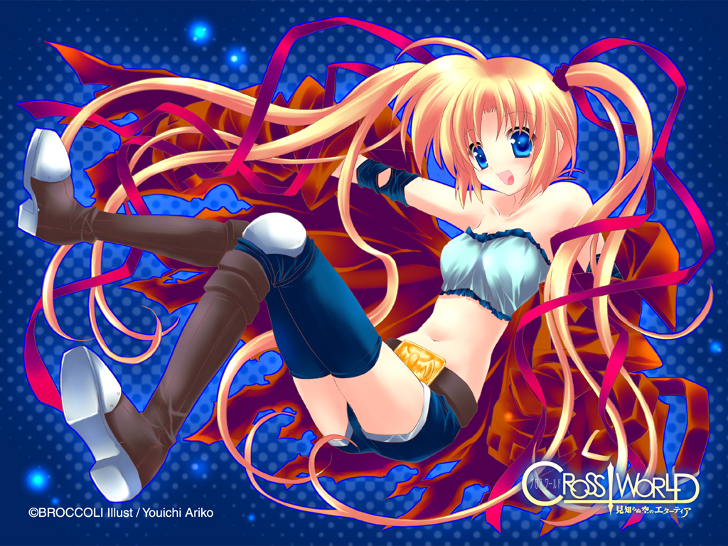 ariko youichi, sakurazawa izumi, patty aria, cross world, 1girl, bare shoulders, belt, blonde hair, blue eyes, boots, broccoli, copyright name, female focus, hair ribbon, knee pads, looking at viewer, midriff, navel, open mouth, ribbon, shorts, solo, strapless, thighhighs, tube top, twintails