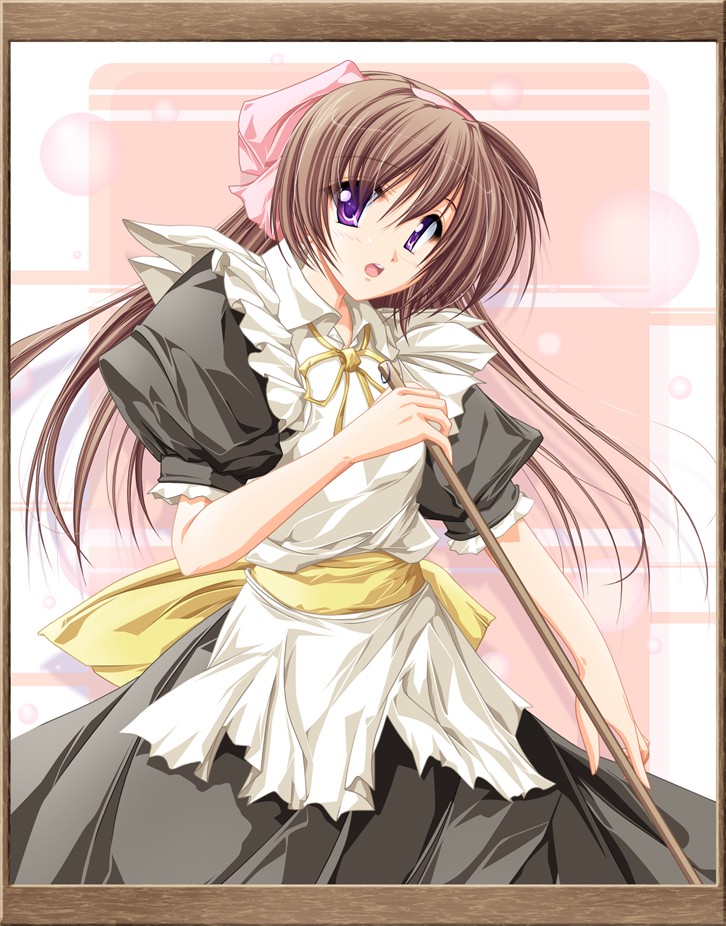 tenmaso, 1girl, apron, bow, brown hair, female focus, frills, long hair, maid, maid apron, purple eyes, ribbon, solo