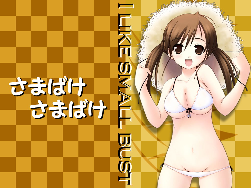 shiou tsuyukusa, original, 1girl, bikini, breasts, brown eyes, brown hair, cowboy shot, english text, engrish text, female focus, hat, irony, lowleg, lowleg bikini, lowleg panties, medium breasts, panties, ranguage, side-tie bikini bottom, solo, straw hat, swimsuit, twintails, underwear, white bikini