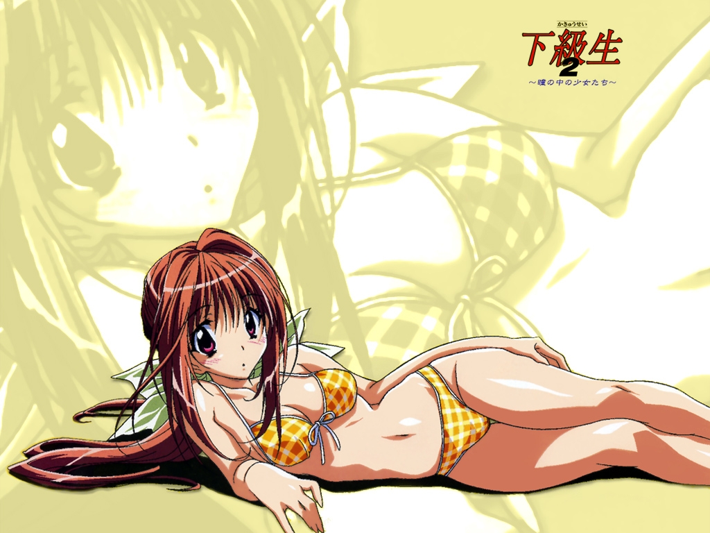 saimon tamaki, kakyuusei, kakyuusei (series), kakyuusei 2, 1girl, :o, arm support, bikini, blush, bow, breasts, brown hair, cleavage, female focus, front-tie top, hair bow, long hair, lying, navel, on side, plaid bikini, plaid clothes, purple eyes, shiny skin, solo, swimsuit, thigh gap, zoom layer