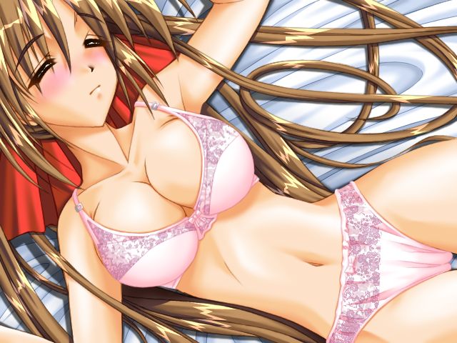 araki hiroaki, konoha (shoujo circus), evolution (company), shoujo circus, game cg, 1girl, bed, blush, bow, bow bra, bow panties, bra, breasts, brown hair, cleavage, closed eyes, collarbone, female focus, hair ribbon, lingerie, long hair, navel, panties, pink bra, pink panties, ribbon, sleeping, solo, underwear, underwear only