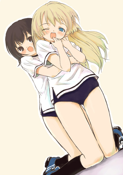 mikazukimo, original, 2girls, blonde hair, breasts, brown hair, buruma, grabbing another's breast, groping, gym uniform, multiple girls, wince