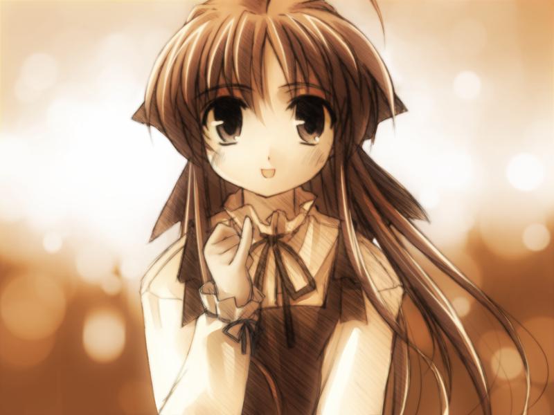 yuuki tatsuya, narukaze minamo, wind a breath of heart, game cg, 00s, 1girl, :d, ahoge, apron, blush, brown hair, female focus, long hair, looking at viewer, monochrome, open mouth, pinky out, ribbon, sepia, smile, solo, upper body, wind
