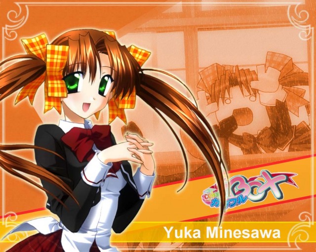 asaba yuu, minesawa yuka, colorful box, game cg, 1girl, brown hair, character name, female focus, green eyes, long hair, solo, twintails