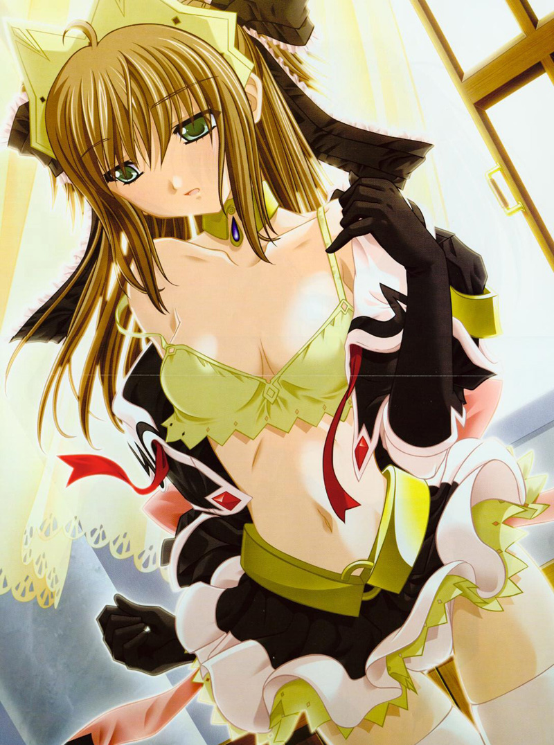 sweet lip, sweet knights, 1girl, black gloves, bra, brown hair, female focus, gloves, green eyes, lingerie, midriff, panties, solo, thighhighs, underwear, undressing, white panties