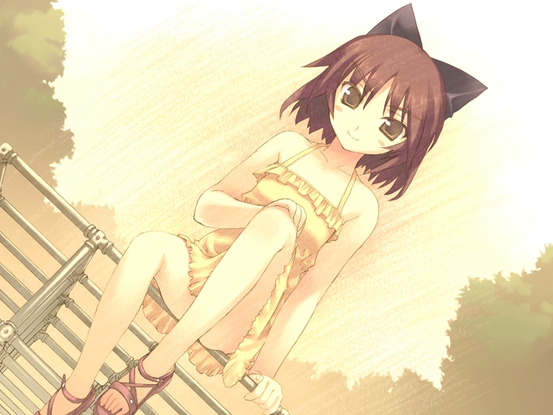 amazuyu tatsuki, kousaka tamaki, to heart (series), to heart 2, game cg, 00s, 1girl, aged down, bare shoulders, blush stickers, bow, brown eyes, brown hair, chibi, convenient leg, dress, dutch angle, female focus, hair bow, no socks, on railing, railing, sandals, short hair, smile, smirk, solo, sundress, tsurime
