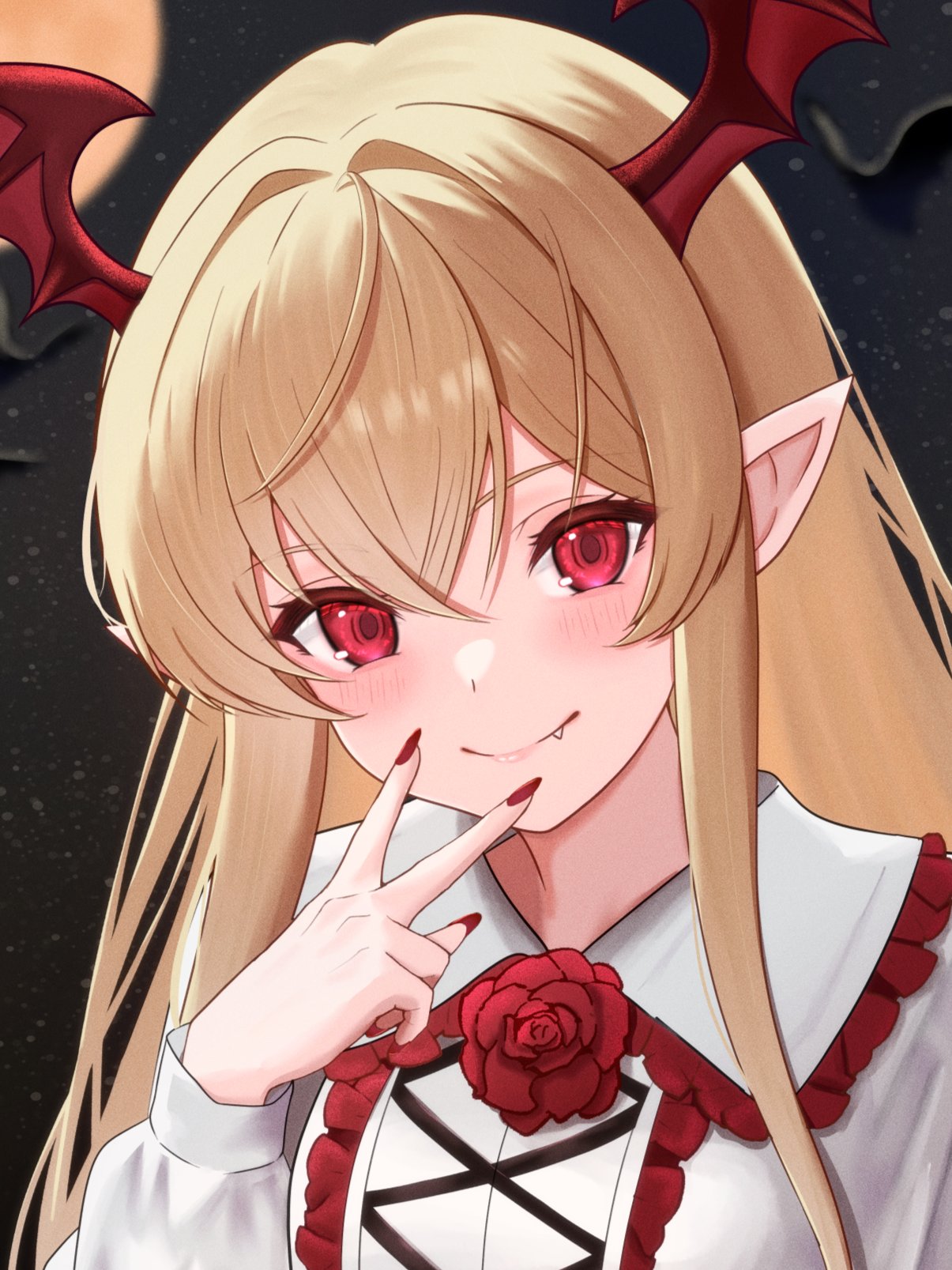 hilda sakura, vampy, granblue fantasy, highres, 1girl, crossed bangs, fang, head wings, long sidelocks, looking at viewer, pointy ears, red eyes, red nails, sidelocks, smile, v, wings