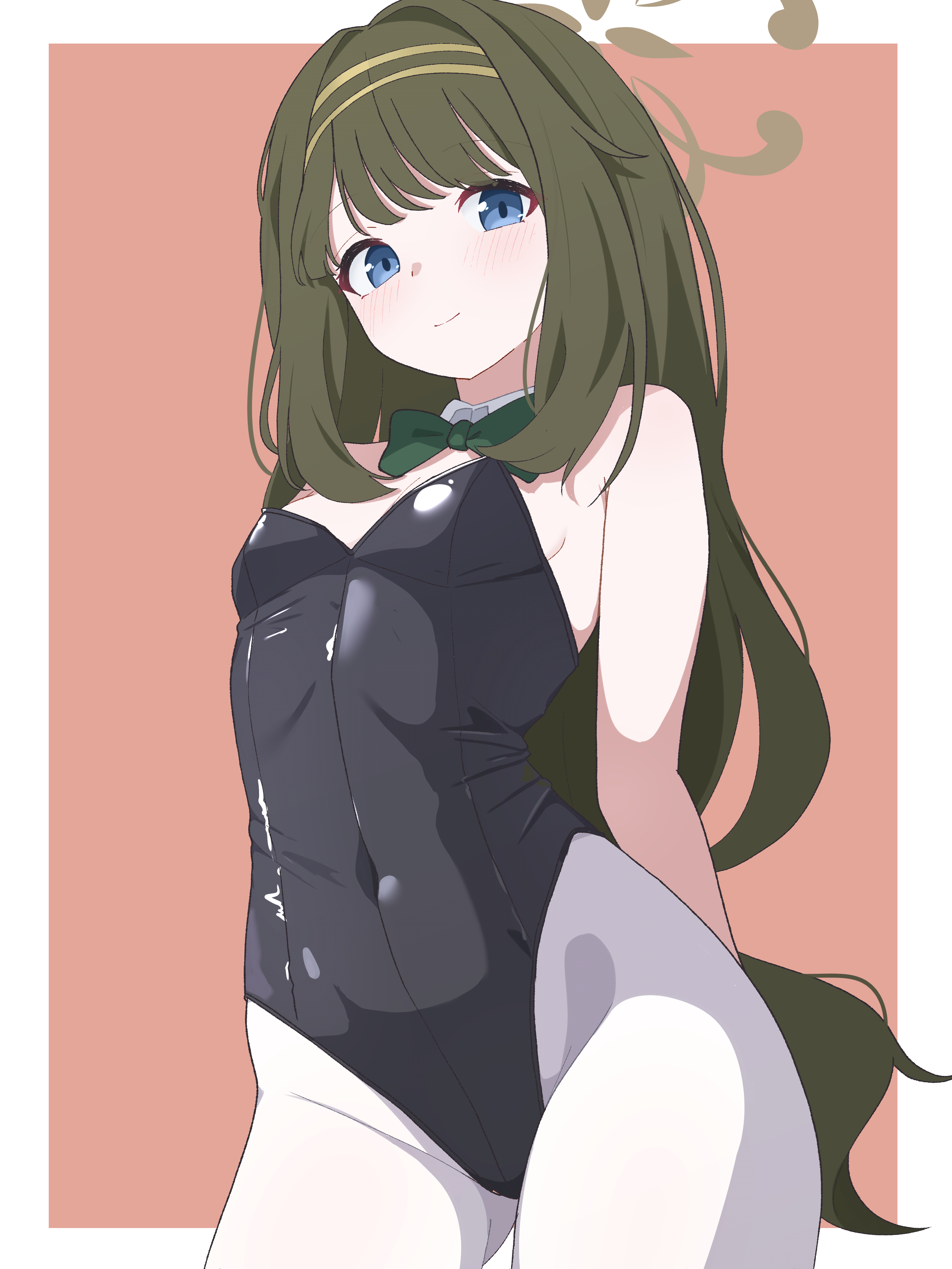 aikawa yuduki, tsumugi (blue archive), blue archive, absurdres, commentary request, highres, 1girl, animal ear hairband, animal ears, arms behind back, black leotard, blue eyes, bow, bowtie, breasts, brown hair, brown halo, covered navel, detached collar, fake animal ears, hairband, halo, leotard, long hair, looking at viewer, pantyhose, small breasts, solo, strapless, strapless leotard, white pantyhose
