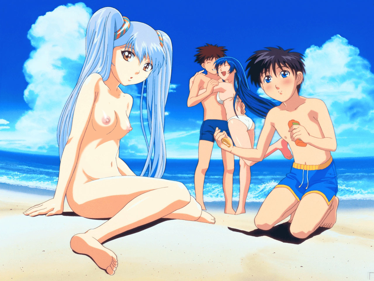 hoshino ruri, makibi hari, misumaru yurika, tenkawa akito, kidou senkan nadesico, striped, nude filter, scan, third-party edit, 2boys, 2girls, :d, :o, ^ ^, age difference, arm support, armpits, ass, back, bare shoulders, barefoot, beach, bikini, black hair, blue eyes, blue hair, blue jammers, blue male swimwear, blue swim trunks, blush, bottle, breast press, breasts, brown eyes, brown hair, closed eyes, clothed female nude female, clothed male nude female, cloud, couple, covered erect nipples, day, drawstring, feet, from side, full body, grin, groin, hair between eyes, hair ornament, hand on another's back, hand on another's hip, hand on another's shoulder, happy, hetero, holding, hug, jammers, kneeling, laughing, leg lift, leg up, light smile, long hair, looking at viewer, lotion, male swimwear, medium breasts, multiple boys, multiple girls, navel, nipples, nude, nudist, ocean, on ground, open mouth, outdoors, outstretched arm, public indecency, shadow, short hair, sitting, sky, smile, soles, spiked hair, standing, standing on one leg, sunscreen, surprised, swim briefs, swim trunks, swimsuit, tiptoes, toes, topless male, twintails, very long hair, wariza, white bikini, yellow eyes
