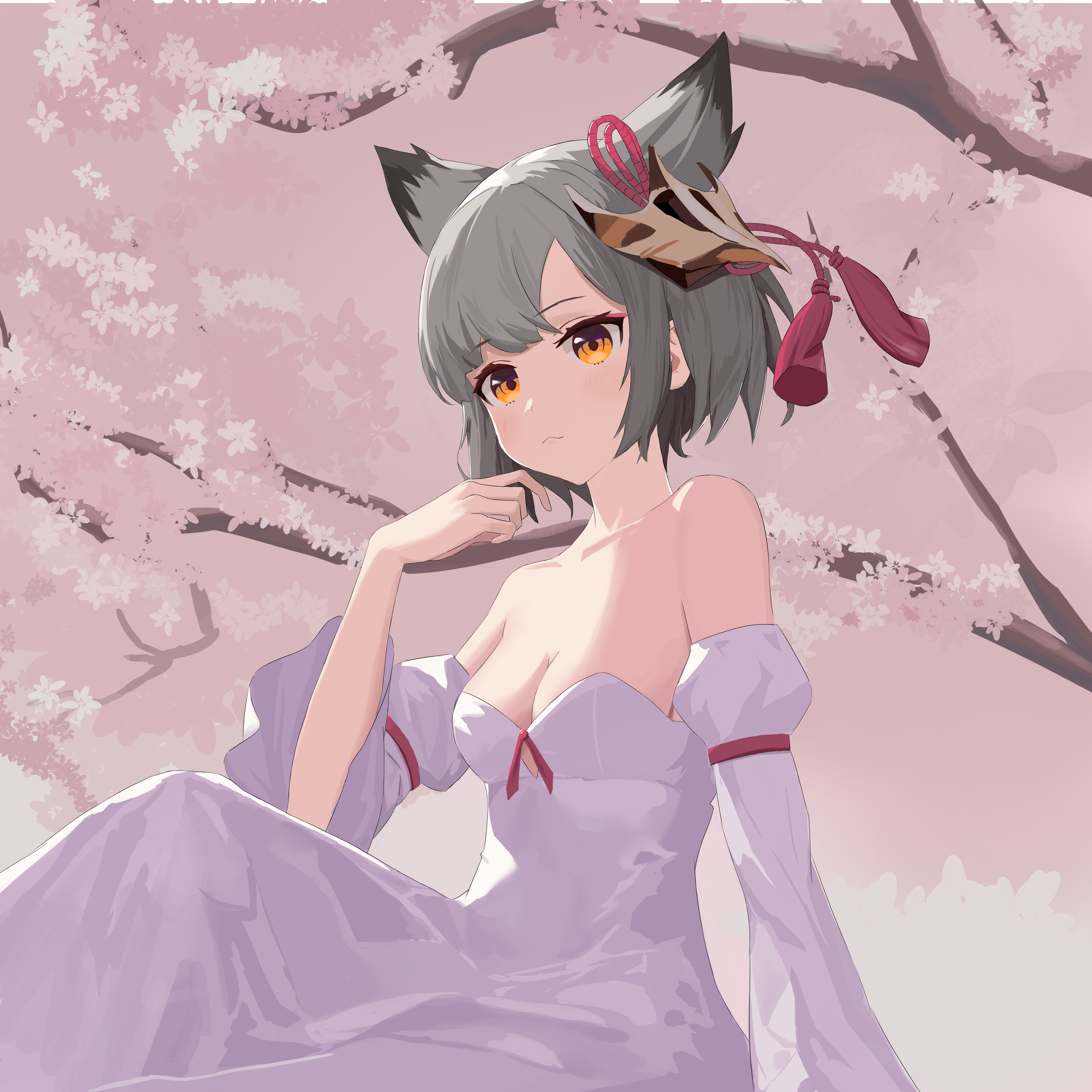 youtanhuayuan255, suzutsuki (azur lane), azur lane, absurdres, highres, 1girl, alternate costume, animal ears, bare shoulders, breasts, cherry blossoms, cleavage, closed mouth, collarbone, detached sleeves, dress, grey hair, mask, mask on head, orange eyes, red ribbon, ribbon, short hair, sitting, small breasts, strapless, strapless dress