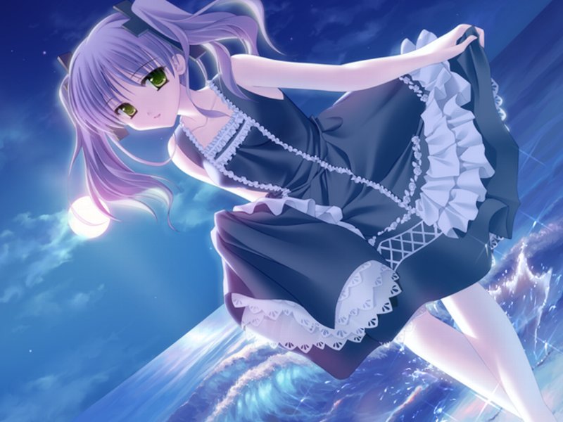 matsushita makako, rakko (makarakko), amano chiwa, underbar summer, game cg, 00s, 1girl, beach, blue dress, cloud, dress, dutch angle, female focus, full moon, goth fashion, gothic lolita, green eyes, lolita fashion, looking at viewer, moon, night, night sky, ocean, open mouth, purple hair, ribbon, sky, smile, solo, twintails, water