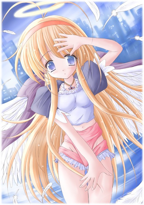 1girl, ahoge, angel, blonde hair, blue eyes, blush, cityscape, cross, cross necklace, feathers, female focus, frills, groin, halo, jewelry, long hair, looking at viewer, midriff, navel, necklace, short shorts, shorts, solo, traditional halo, wings