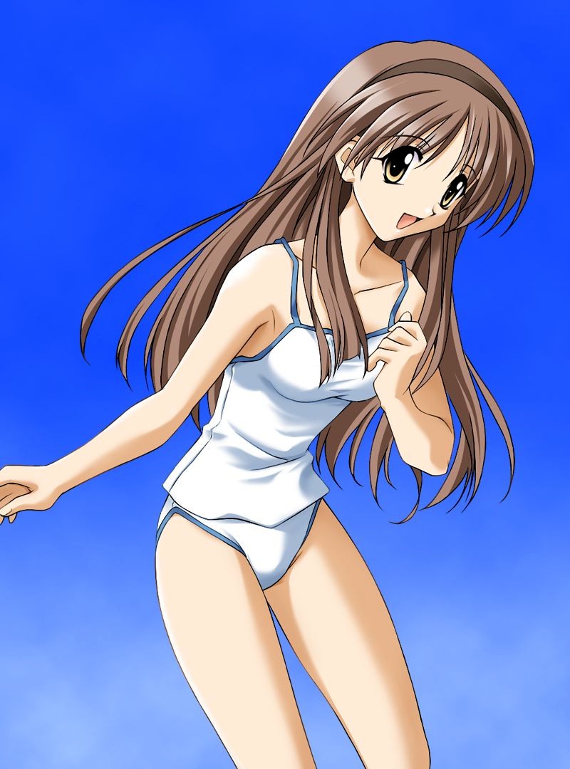 hizuki ayaka, memories off, 1girl, bent over, blue background, brown eyes, brown hair, camisole, female focus, hairband, lingerie, long hair, looking at viewer, open mouth, panties, solo, underwear, underwear only, yellow eyes