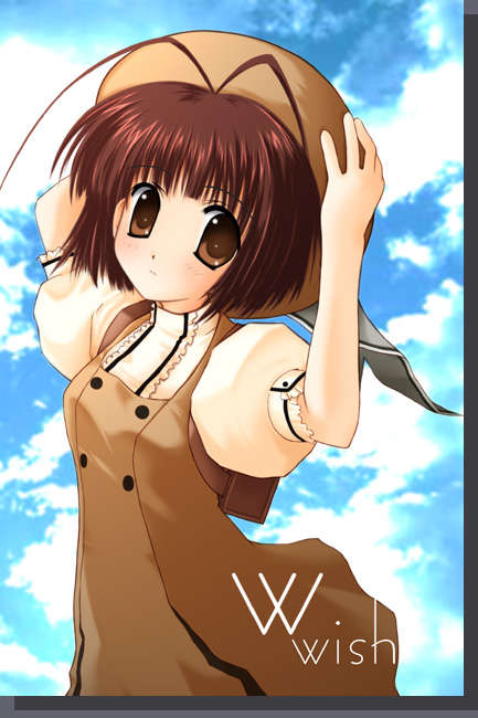 kisaragi mizu, touno senna, w ~wish~, wwish, 00s, 1girl, antenna hair, arms up, beret, blush, brown eyes, brown hair, cloud, day, dress, female focus, frown, hat, school uniform, serafuku, short hair, sky, solo, turtleneck