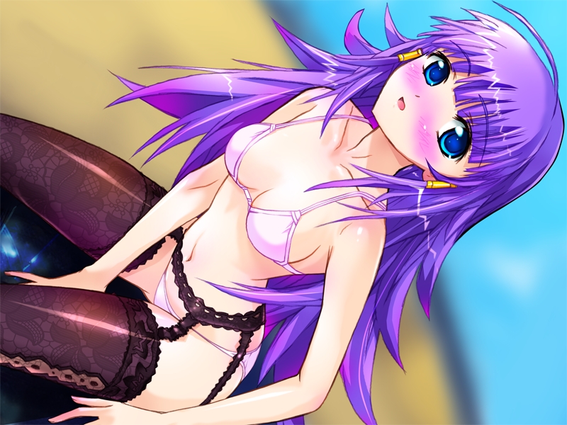 sexy knight, galzoo island, game cg, 1girl, blue eyes, blush, bra, female focus, garter belt, lingerie, long hair, navel, open mouth, panties, purple hair, solo, thighhighs, underwear, underwear only
