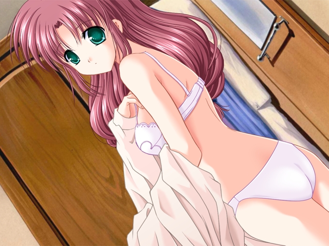 yukinoshita nanae, colorful heart, game cg, 1girl, bra, female focus, green eyes, lingerie, long hair, looking back, panties, red hair, solo, underwear, underwear only, undressing