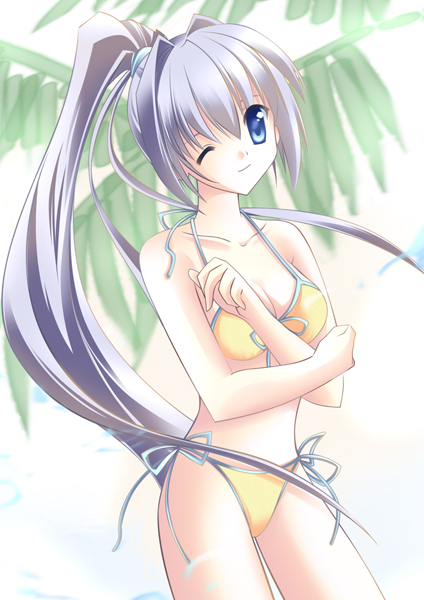 artist request, character request, copyright request, 1girl, bikini, blue eyes, breasts, cleavage, collarbone, female focus, grey hair, hair ribbon, long hair, looking at viewer, medium breasts, one eye closed, palm tree, ribbon, side-tie bikini bottom, smile, solo, standing, swimsuit, tree, very long hair, wink, yellow bikini