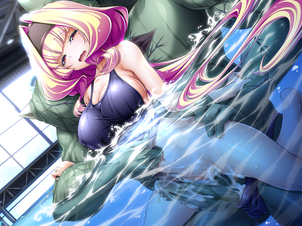 inoino, kouyoku senki exs-tia, game cg, large variant set, non-web source, official art, variant set, 1boy, 1girl, azarin (exs-tia), barefoot, black hairband, blonde hair, blue one-piece swimsuit, blush, breasts, censored, cleavage, clothes pull, clothing aside, collarbone, colored skin, competition swimsuit, covered erect nipples, cum, cum in pussy, cum on body, green skin, hair intakes, hairband, half-closed eyes, headband, hetero, indoors, large breasts, long hair, mosaic censoring, one-piece swimsuit, one-piece swimsuit pull, open mouth, orc, partially submerged, penis, pool, school swimsuit, sex, sideboob, solo focus, sportgil, swimsuit, swimsuit aside, tears, vaginal, very long hair, water, wet