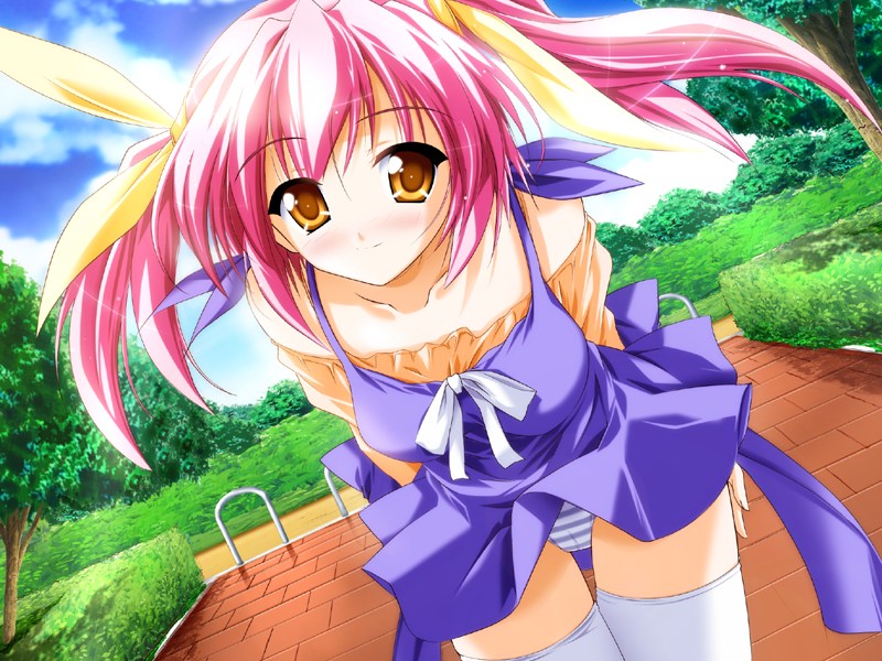 yukirin, kirifuri mio, maid-san she see, hand on thigh, game cg, 1girl, bare shoulders, blue panties, bow, brick, bush, cameltoe, clothes lift, cloud, cowboy shot, day, dress, dress lift, dutch angle, female focus, grass, hair ribbon, large bow, leaning forward, light smile, long hair, looking at viewer, nature, off shoulder, orange eyes, outdoors, panties, pantyshot, pink hair, purple panties, ribbon, shirt, short dress, sky, smile, solo, standing, striped clothes, striped panties, thigh gap, thighhighs, thighs, tree, twintails, underwear, white panties, white thighhighs, wind, wind lift, yellow eyes