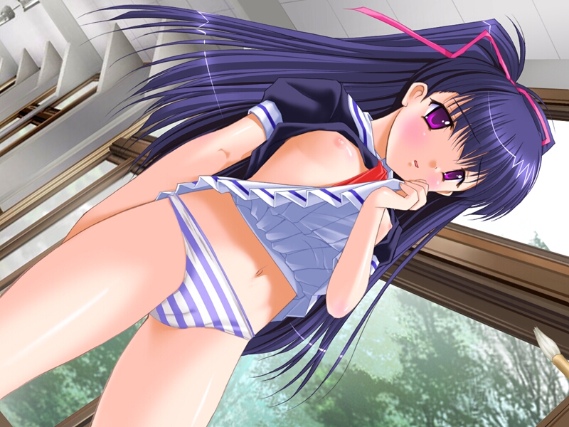 louis&visee, fukada satsuki, puchi puchi gohoushi, bad tag, striped, uniform, game cg, 1girl, between breasts, blush, body blush, breasts, cameltoe, ceiling, clothes lift, dutch angle, embarrassed, fingernails, hair ornament, hair ribbon, hallway, indoors, long hair, looking at viewer, navel, necktie, nipples, no bra, paintbrush, panties, parted lips, pleated skirt, puffy sleeves, purple eyes, purple hair, purple panties, ribbon, school uniform, serafuku, shiny skin, shirt lift, short hair, skirt, skirt around belly, skirt lift, small breasts, solo, standing, striped panties, thigh gap, thighs, tree, underwear, window