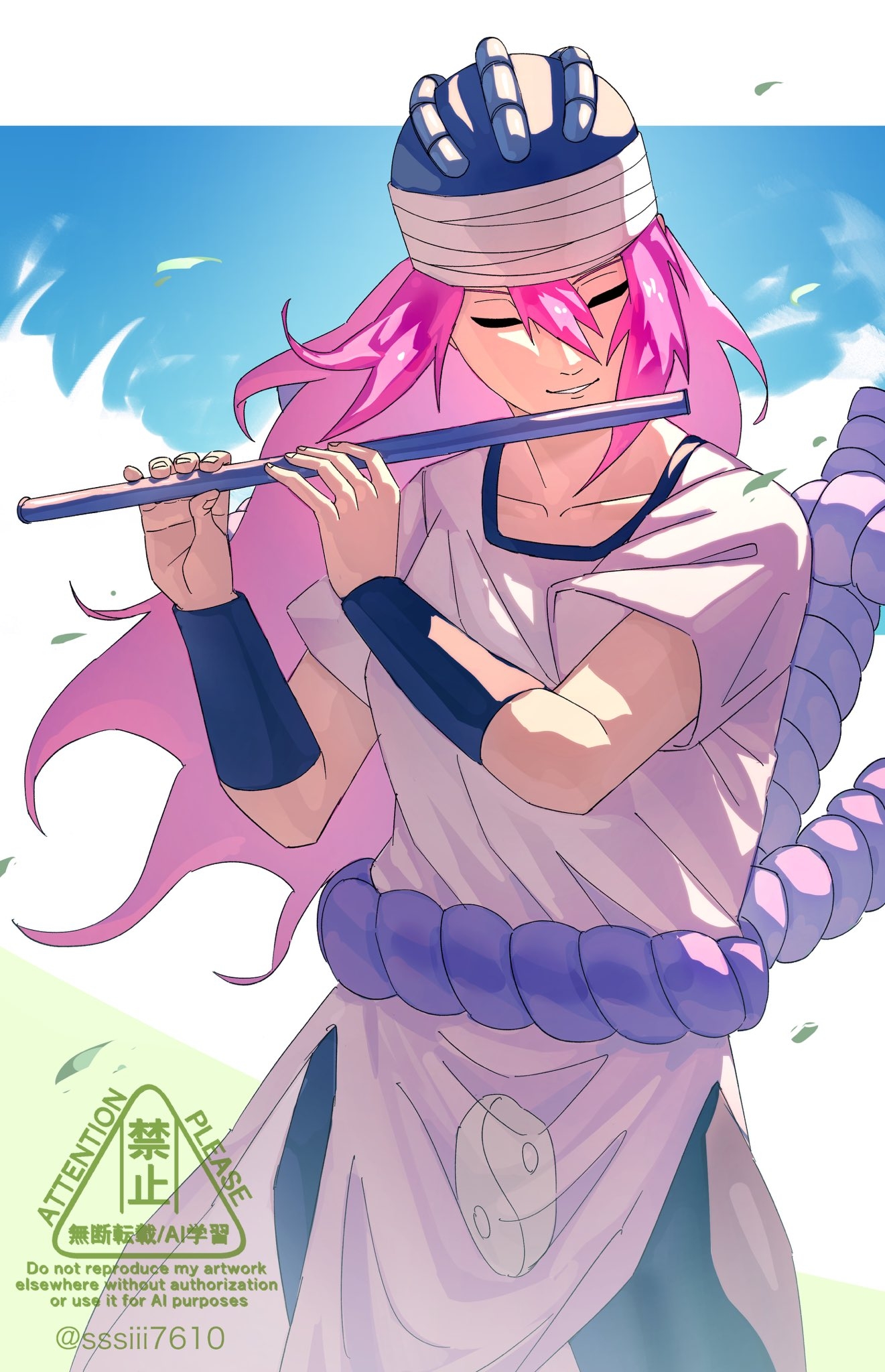 sssiii7610, tayuya (naruto), naruto (classic), naruto (series), commission, highres, skeb commission, 1girl, artist name, bandages, closed eyes, flute, grey shirt, grin, holding, holding flute, holding instrument, instrument, leaf, long hair, ninja, pelvic curtain, pink hair, shirt, smile, solo, watermark, wind