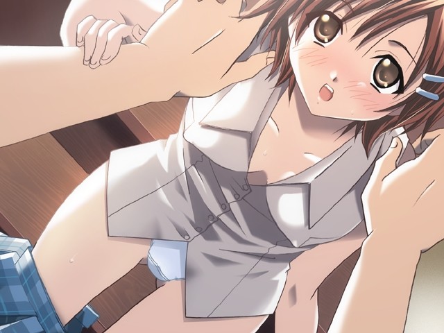 yamanoshita shiori, yamase nami, ayame-iro no natsu, game cg, 1girl, blouse, blush, breasts, brown eyes, brown hair, clothes pull, covered erect nipples, dutch angle, hair ornament, hairclip, leaning forward, medium breasts, panties, plaid clothes, plaid skirt, school uniform, serafuku, shirt, short hair, skirt, skirt pull, solo focus, standing, underwear, undressing, white panties