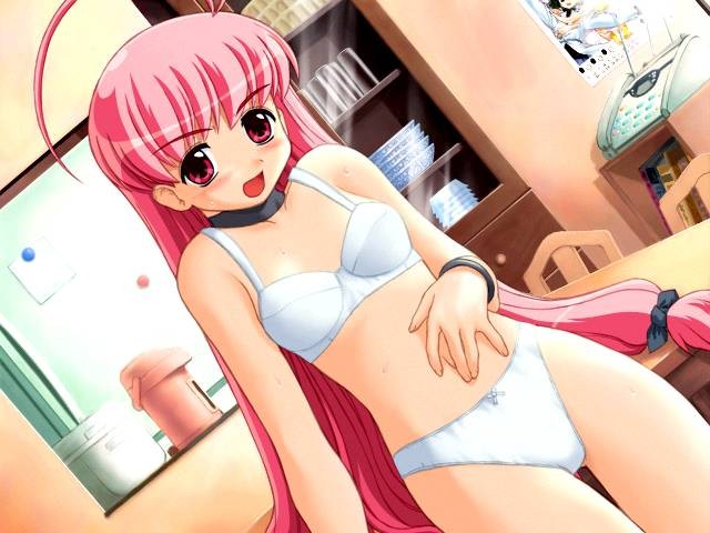 sphie, magical antique, game cg, 1girl, antenna hair, blush, bow, bow panties, bra, bracelet, breasts, choker, dutch angle, female focus, flat chest, jewelry, lingerie, long hair, low-tied long hair, nude, open mouth, panties, pink eyes, pink hair, small breasts, solo, table, underwear, underwear only, undressing, very long hair, white bra, white panties